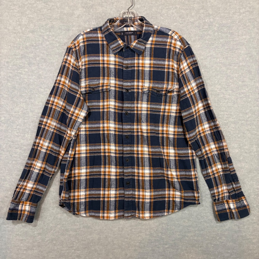 Lucky Brand Mens Classic Fit Plaid Flannel Shirt Navy Orange L 7MS4001